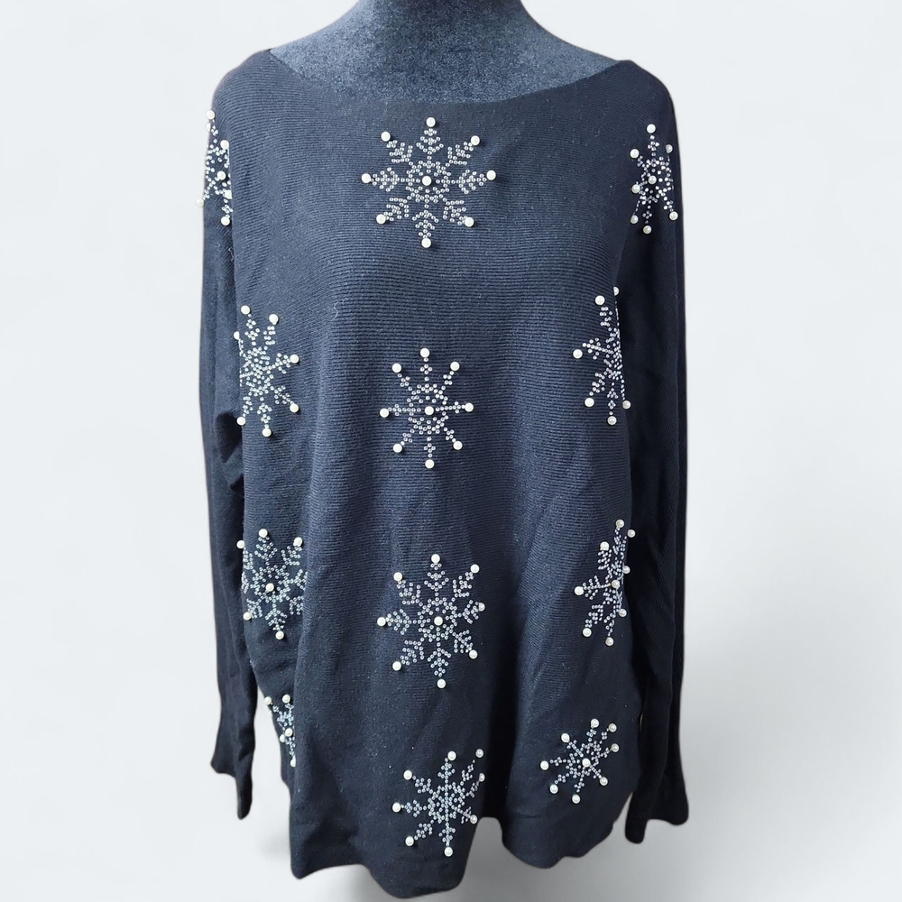 LIV MILANO | Holiday Sequin Beaded Snowflake‎ Black Crew Neck Sweater | XL